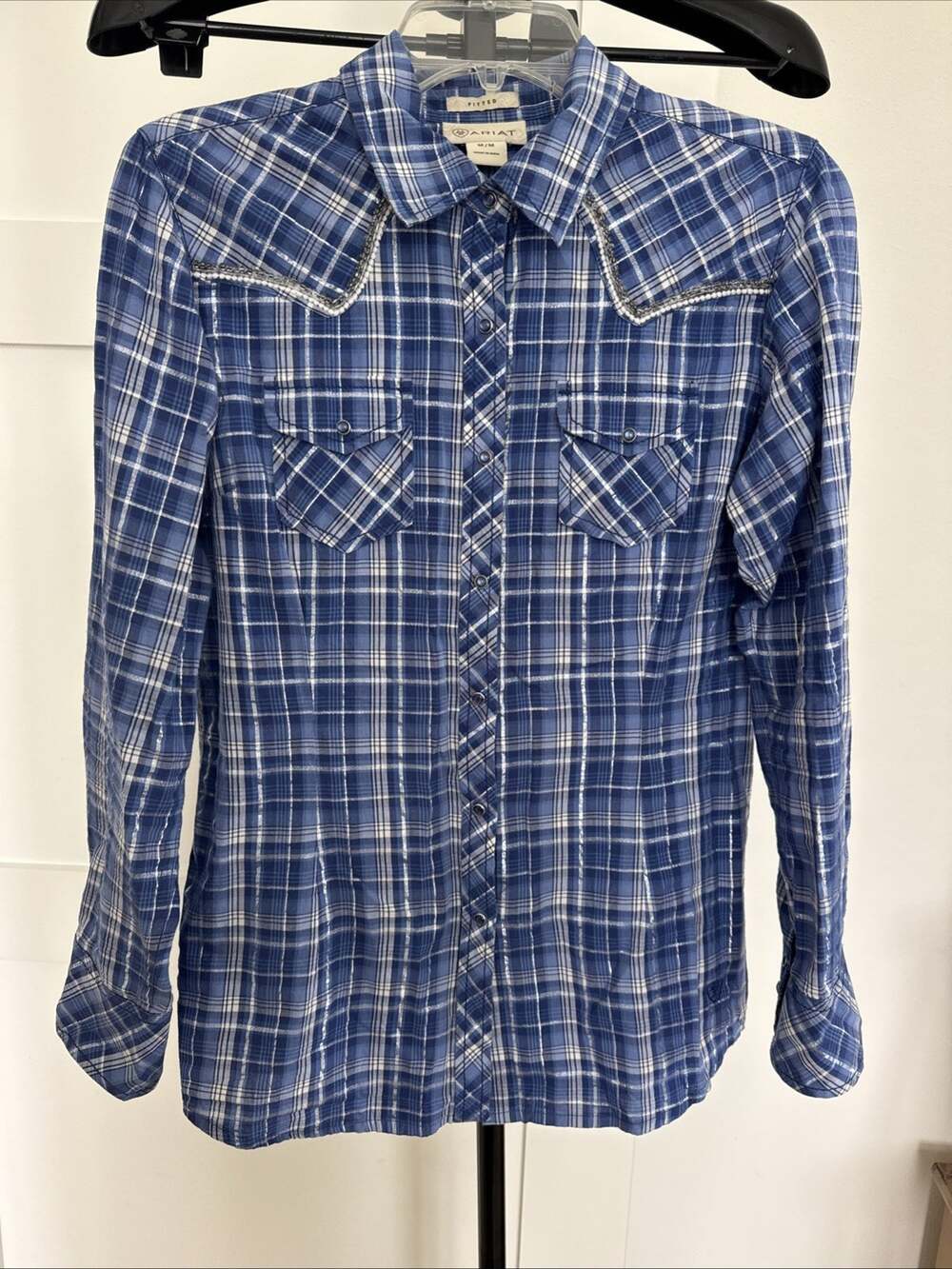 Ariat Women’s Button Up Beaded Bead Work Blue Silver Embroidery Size M Western